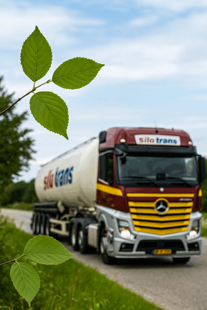 Silotrans-lastbil kører på grøn vej med blade i forgrunden – symbol på miljøvenlig transport