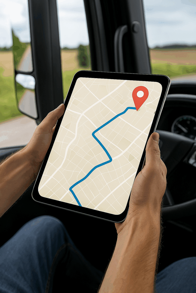 Chauffør holder tablet med rutevisning – symbol på moderne, digital logistik