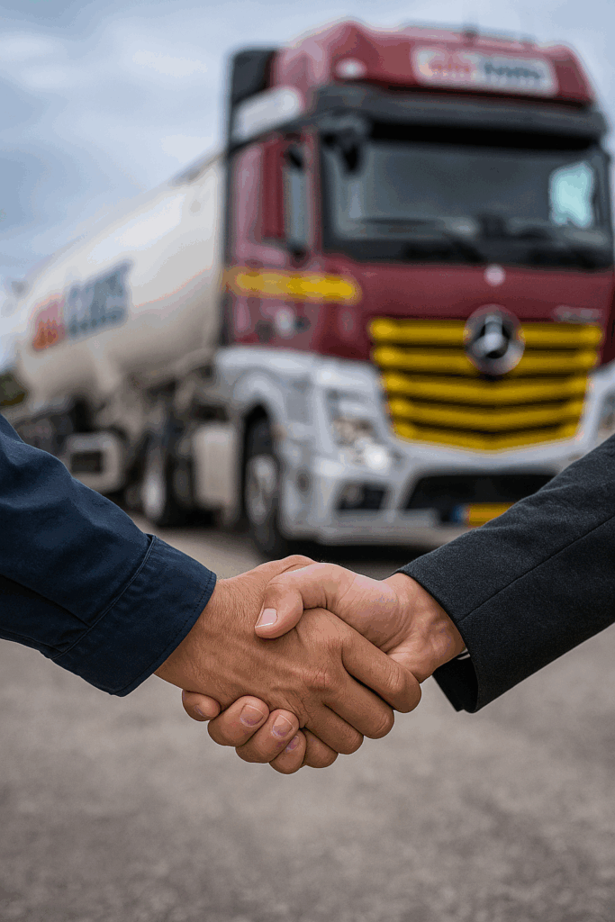 To personer giver håndtryk foran lastbil – symbol på partnerskab og samarbejde